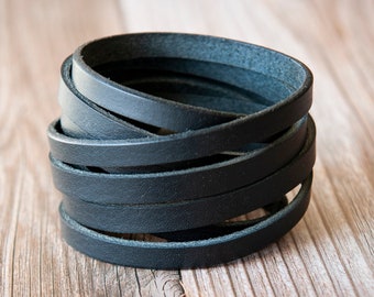 Leather Bracelet Wrap Cuff Handmade Black Leather - Gift for her - Boho Style - Personalized Custom Handmade Jewelry