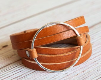 Leather Bracelet Wrap Cuff, English Tan, Handmade Jewelry, Sterling Silver Hammered Hoop, Stacking