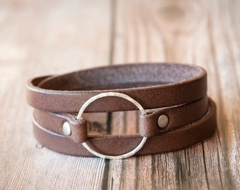 Leather Wrap Bracelet For Women, Sterling Silver Hammered Hoop, Brown Leather, Handmade Jewelry