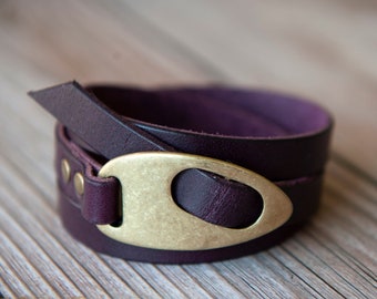 Eggplant Purple Leather Wrap Bracelet, Handmade | Personalized | Boho Style