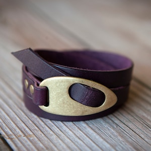 Eggplant Purple Leather Wrap Bracelet, Handmade Personalized Boho Style image 1