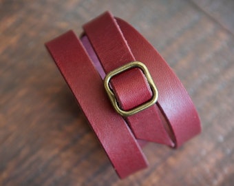 Leather Wrap Bracelet For Women Men, Cuff, Handmade, Red Leather, Adjustable, Antique Brass, Boho