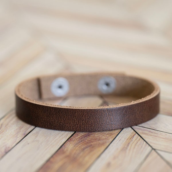 Leather Band Bracelet | Adjustable Snaps | Rustic Brown + Silver | Love Couples Affirmation Coordinates BFF Gift For Her Mens Bracelet