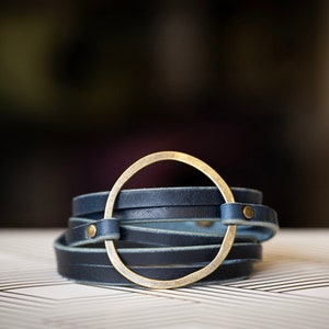 Boho Leather Bracelet Wrap | Multi-strand Women's Hoop Cuff | Blue + Antique Brass | Handmade Jewelry Personalized Gift For Her