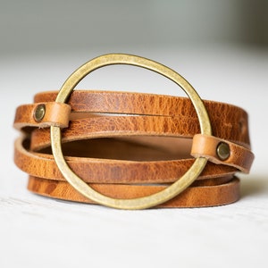 Womens Leather Bracelet Wrap | Multi-strand Boho Hoop Cuff | Rustic Walnut + Antique Brass | Handmade Jewelry Personalized Gift For Her