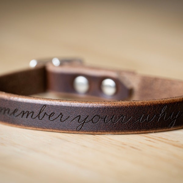 Handmade Leather Bracelet | Sterling Silver + Rustic Brown | Remember Your Why Skinny Wrap | Affirmations Personalized Engraved Adjustable