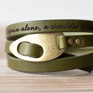 Engraved Leather Bracelet Olive Green Antique Brass Quotes Love Affirmations Handmade Gift Personalized For Her For Him Olive Green