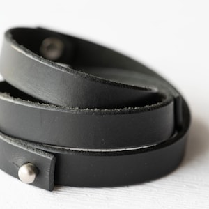 Leather Wrap Bracelet Handmade Jewelry Trendy Cuff Black Leather Brushed Silver Colored Hardware