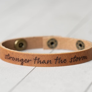 Personalized Gift Leather Engraved Bracelet With Snaps Stronger Than The Storm Walnut Antique Brass Affirmation image 1