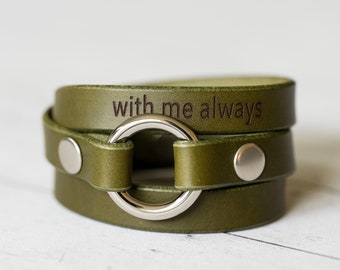 Handmade Leather Exchangeable Ring Bracelet: Olive Green Keepsake