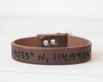 Leather Bracelet Coordinates - Longitude Latitude Valentines Day Gift - Anniversary Gift - Location Bracelet - Personalized Present