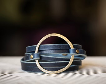 Boho Leather Bracelet Wrap | Multi-strand Women's Hoop Cuff | Blue + Antique Brass | Handmade Jewelry Personalized Gift For Her
