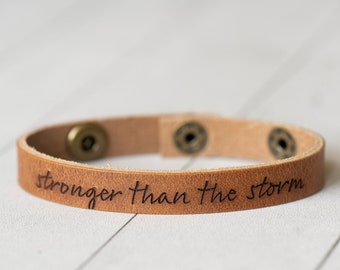 Personalized Gift Leather Engraved Bracelet With Snaps | Stronger Than The Storm | Walnut + Antique Brass | Affirmation