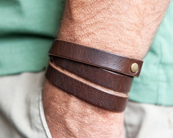 Mens Leather Bracelet, Rustic Brown Wrap Band, Handmade Cuff