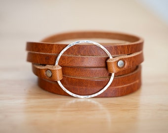 Multi-strap Leather Bracelet Wrap - Rustic Walnut + Sterling Silver Hammered Hoop - Handmade Jewelry - Boho Style - Custom Made To Order