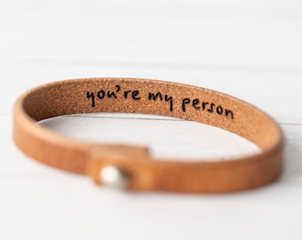 Thin Leather Bracelet - Valentines Day Gift - Secret Message - Hidden Words - You're my person - Gift for her - Bracelet for him