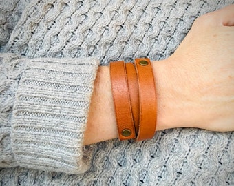 Leather Wrap Bracelet Handmade - Walnut Brown Leather + Brass