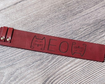 Leather Bookmark + Rivets | MEOW Cat Bookmark | Custom Color Engraving | Perfect Gift