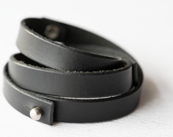 Leather Wrap Bracelet Handmade Jewelry - Black Leather + Silver Rivets