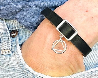Sterling Silver Recovery Symbol Leather Bracelet - Custom Engraved Reminder