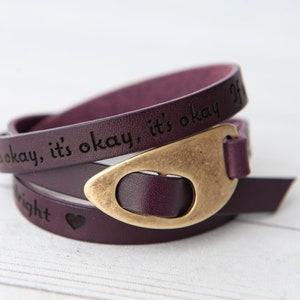Engraved Leather Bracelet Olive Green Antique Brass Quotes Love Affirmations Handmade Gift Personalized For Her For Him Eggplant Purple
