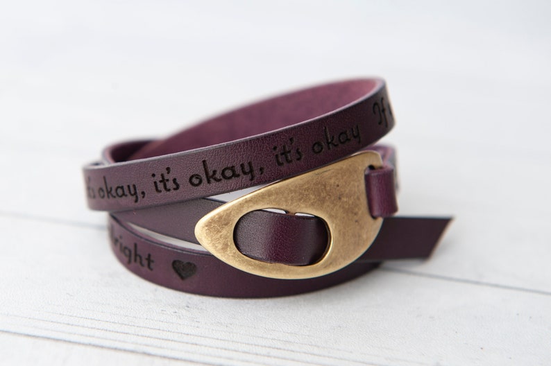 Engraved Leather Bracelet Olive Green Antique Brass Quotes Love Affirmations Handmade Gift Personalized For Her For Him Eggplant Purple