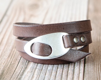 Personalized Leather Wrap Bracelet, Engrave Custom Words , Handmade, Brown Leather