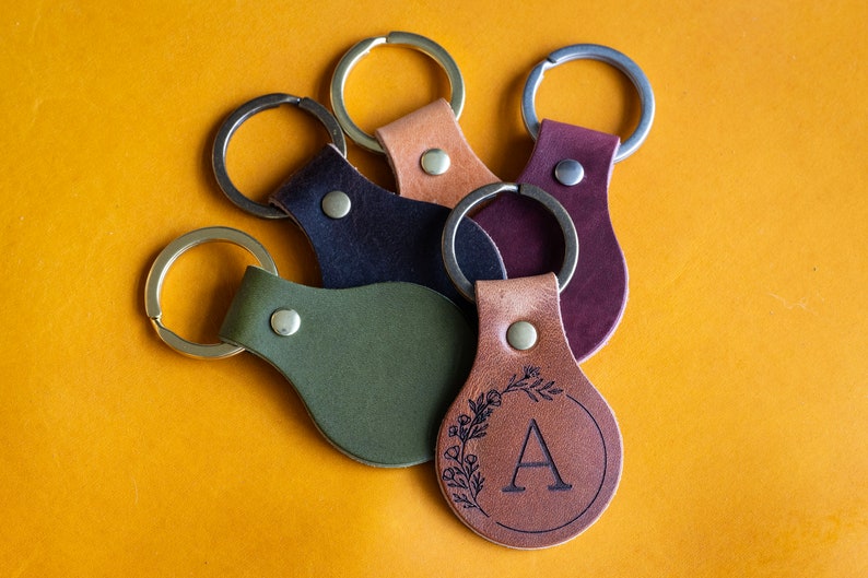 Leather Circle Keychain Initials Monogrammed Personalized Real Leather Key Ring Made In USA Custom Keyring Key Fob Gift For Her image 6