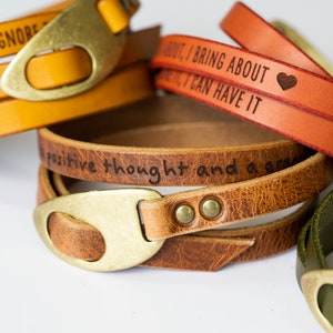 Engraved Leather Bracelet Olive Green Antique Brass Quotes Love Affirmations Handmade Gift Personalized For Her For Him Mustard Yellow