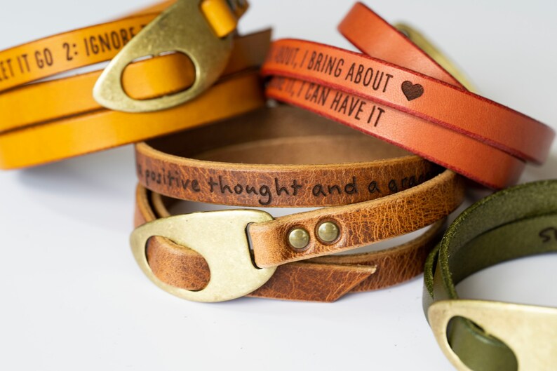 Engraved Leather Bracelet Olive Green Antique Brass Quotes Love Affirmations Handmade Gift Personalized For Her For Him Mustard Yellow