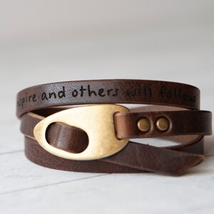 Engraved Leather Bracelet Olive Green Antique Brass Quotes Love Affirmations Handmade Gift Personalized For Her For Him Dark Brown