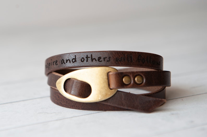 Engraved Leather Bracelet Olive Green Antique Brass Quotes Love Affirmations Handmade Gift Personalized For Her For Him Dark Brown