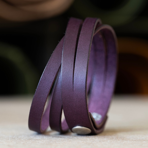 Eggplant Purple Leather Bracelet – Double Wrap Cuff, Custom Engraved – Adjustable Boho Jewelry