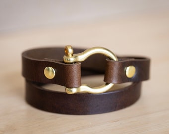Leather Bracelet Shackle Double Wrap | Handmade Jewelry | Dark Brown + Brass | Screw Pin Anchor | Custom Engrave Personalize Quote Words