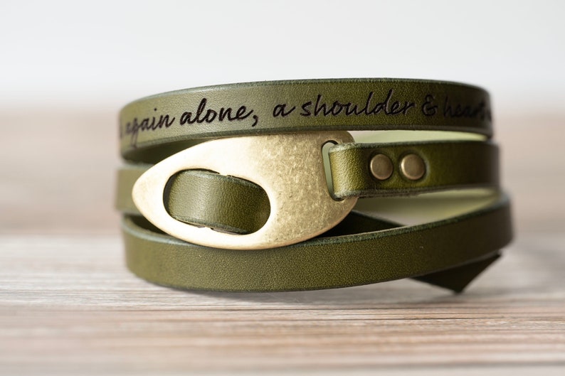 Engraved Leather Bracelet Olive Green Antique Brass Quotes Love Affirmations Handmade Gift Personalized For Her For Him Olive Green