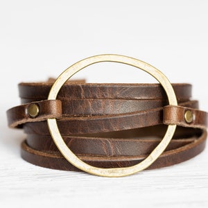 Womens Leather Bracelet Wrap Multi-strand Boho Hoop Cuff Rustic Walnut Antique Brass Handmade Jewelry Personalized Gift For Her image 7