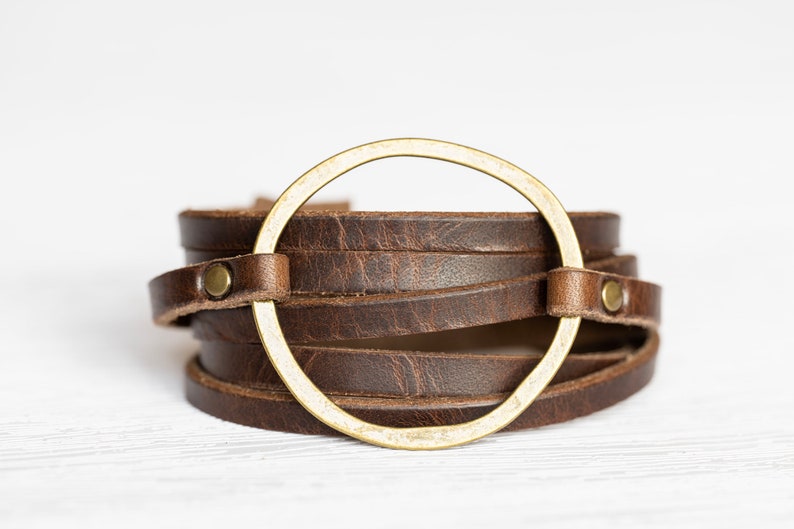 Womens Leather Bracelet Wrap Multi-strand Boho Hoop Cuff Rustic Walnut Antique Brass Handmade Jewelry Personalized Gift For Her image 7
