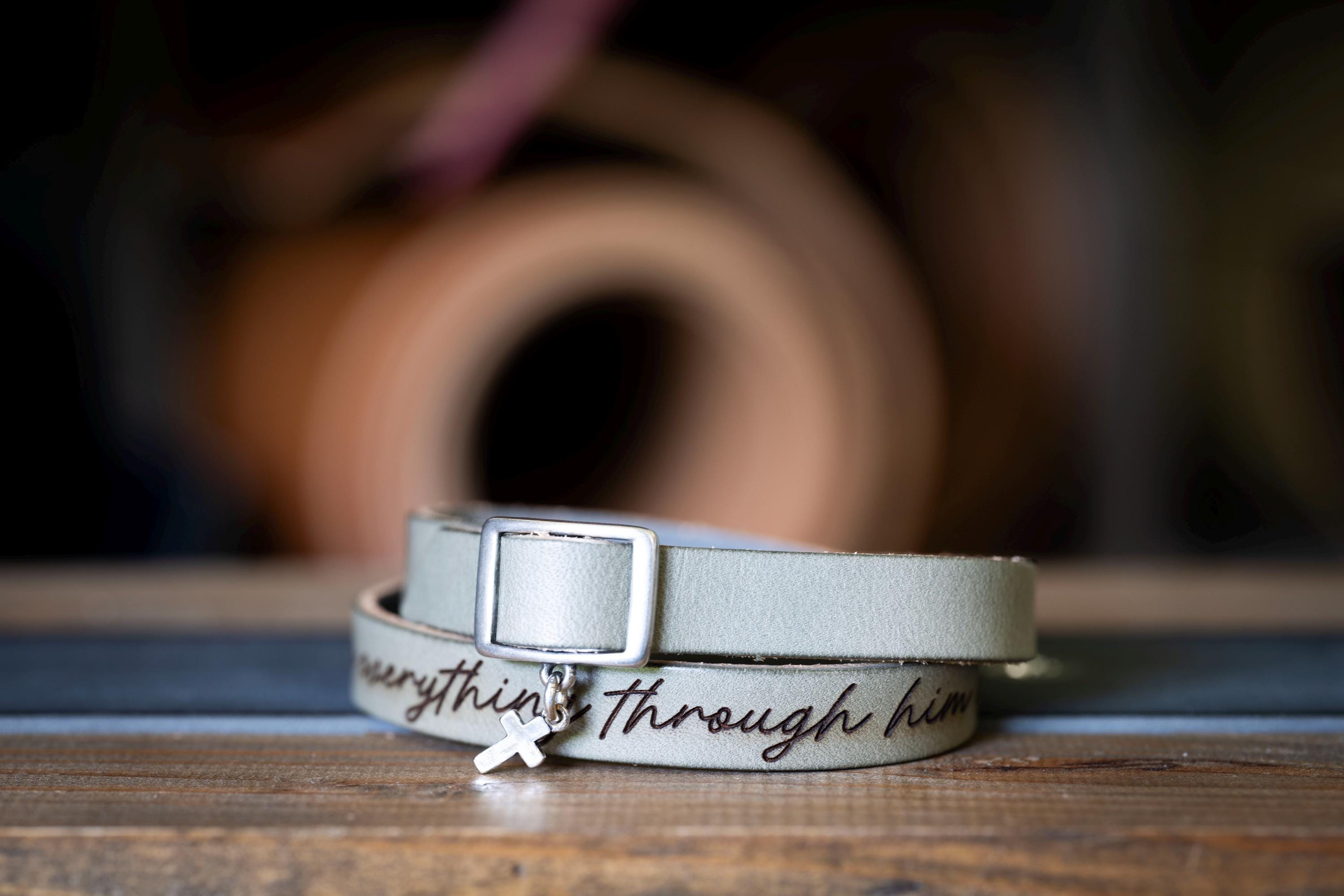 Engraved Leather Wrap Bracelet: Sterling Silver Cross Charm, Christian Gift