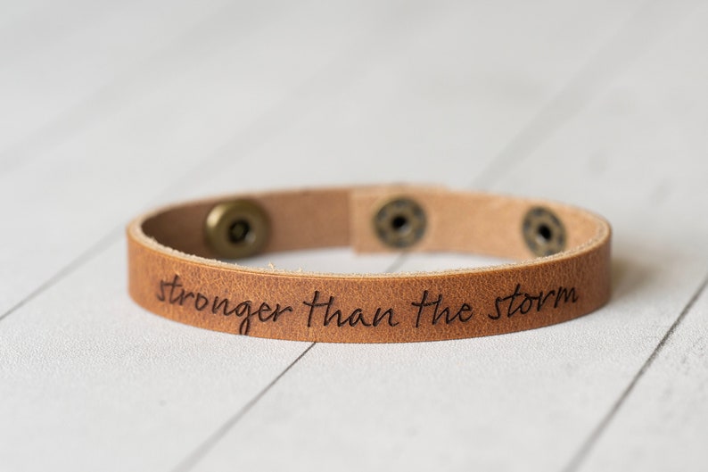 Personalized Gift Leather Engraved Bracelet With Snaps Stronger Than The Storm Walnut Antique Brass Affirmation image 1