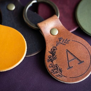 Leather Circle Keychain Initials Monogrammed Personalized Real Leather Key Ring Made In USA Custom Keyring Key Fob Gift For Her image 5