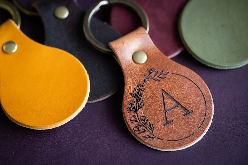Leather Circle Keychain Initials Monogrammed Personalized Real Leather Key Ring Made In USA Custom Keyring Key Fob Gift For Her image 5