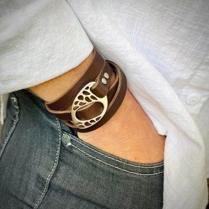 Engraved Leather Wrap Bracelet: Silver Buckle, Boho Cuff