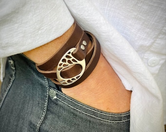 Leather Triple Wrap Bracelet | Cuff Stacking Boho Style | Handmade Jewelry | Silver + Dark Brown | Engraved Personalized Gift