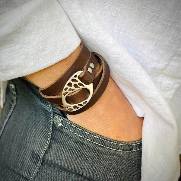 Engraved Leather Wrap Bracelet: Silver Buckle, Boho Cuff