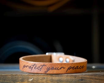 Protect Your Peace Leather Wrap Bracelet: Engraved Heart Charm, Handmade in USA
