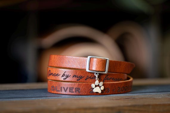 Pet Memorial Leather Bracelet: Custom Engraved Wrap Cuff with Sterling Silver Paw