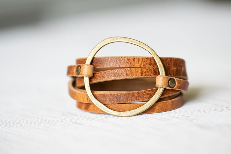 Womens Leather Bracelet Wrap Multi-strand Boho Hoop Cuff Rustic Walnut Antique Brass Handmade Jewelry Personalized Gift For Her image 2