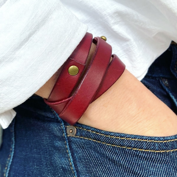 Leather Wrap Bracelet Handmade - Boho Style Cuff - Bordeaux Red Leather + Antique Brass - Personalized Gift For Her - Women Mens Bracelet