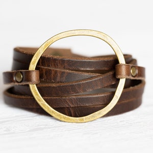 Womens Leather Bracelet Wrap Multi-strand Boho Hoop Cuff Rustic Walnut Antique Brass Handmade Jewelry Personalized Gift For Her image 5