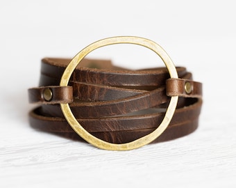 Boho Leather Wrap Bracelet: Rustic Brown Hoop Cuff, Personalized